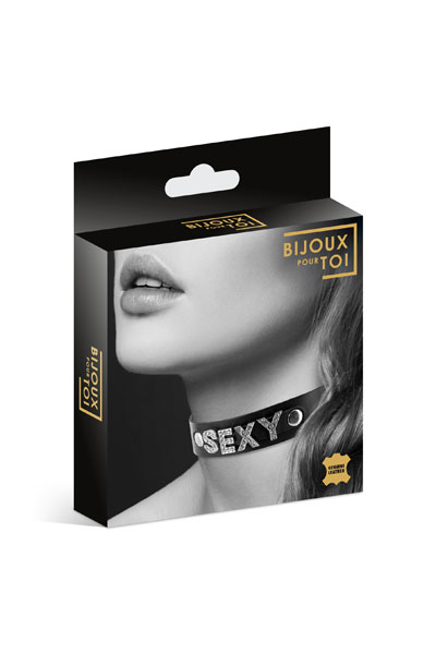    Sexy COLLIER STRASS SEXY CUIR BOVIN